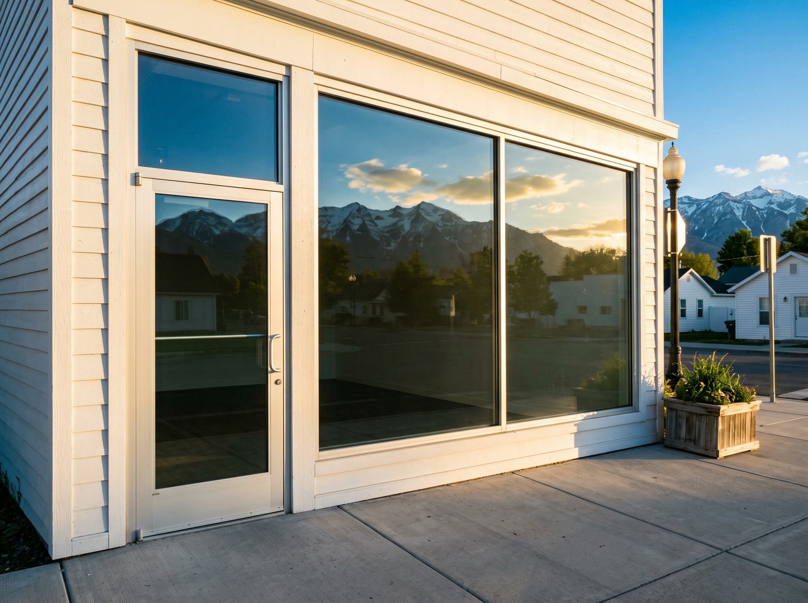 A storefront with clean glass in morning light
