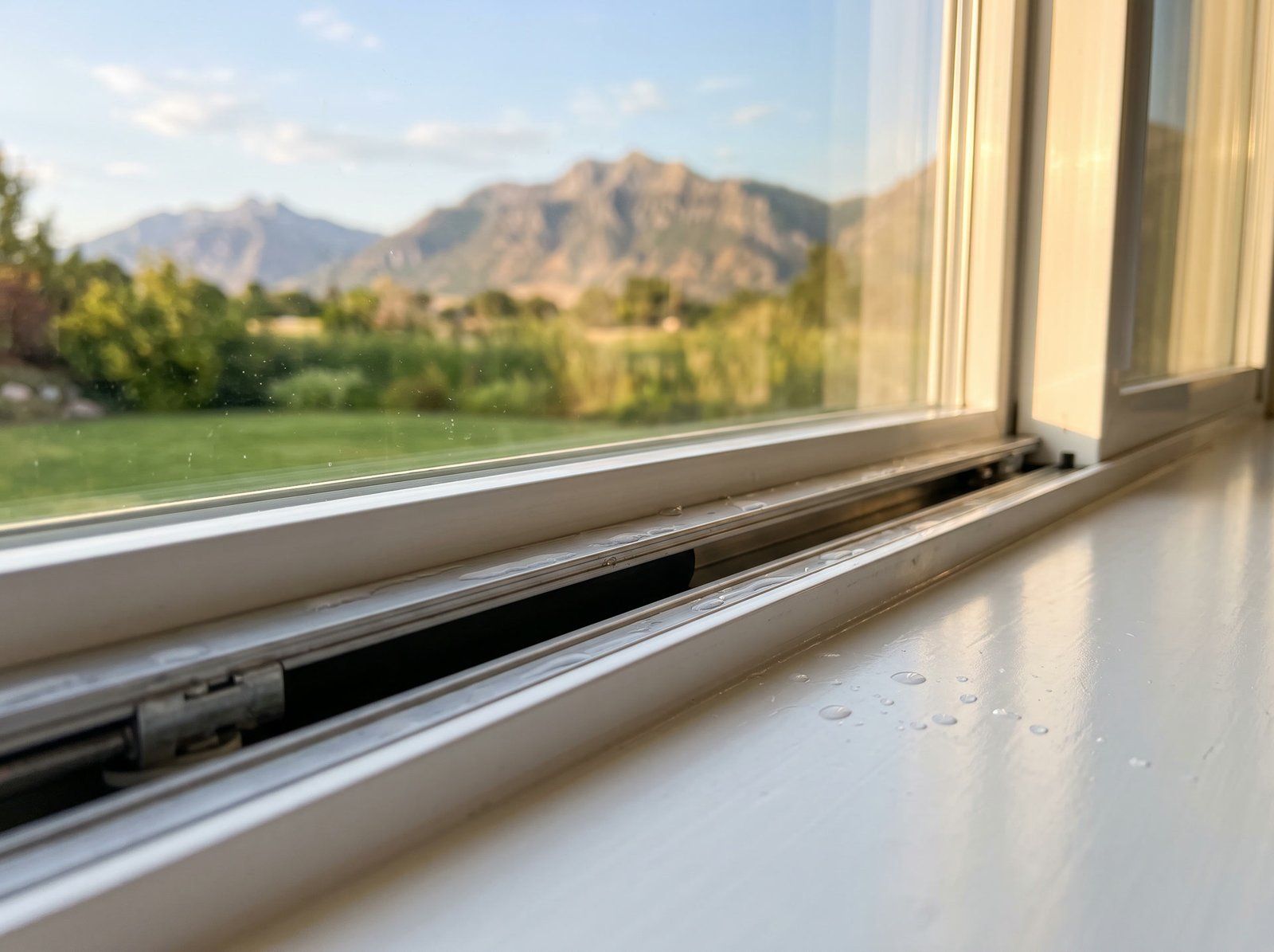 A clean window sill and track in morning light